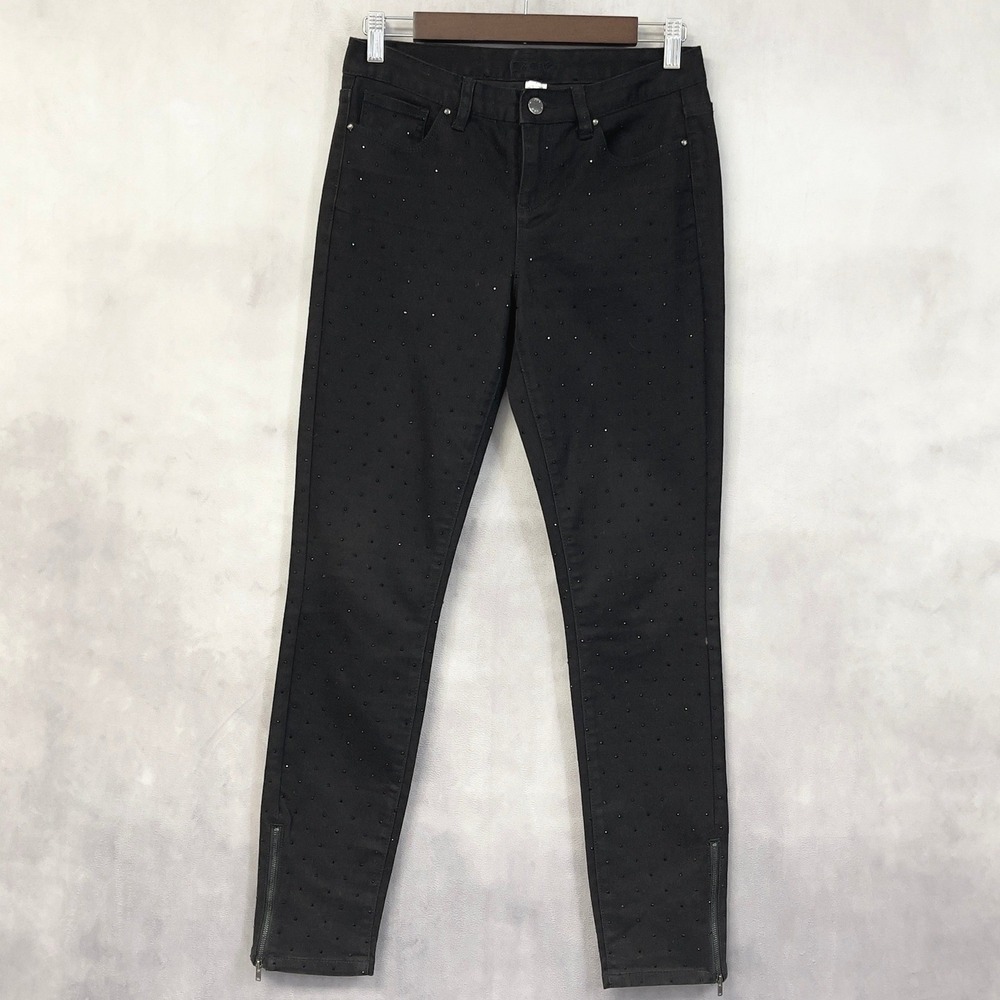 Cache Rhinestone Skinny Jeans Women 2 Black Ankle Zip Stretch Glam Indie McBling